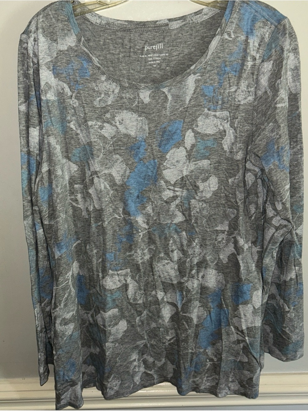 Pure Jill Women's Gray Floral-Print Long Sleeve Tunic with Blue Accents